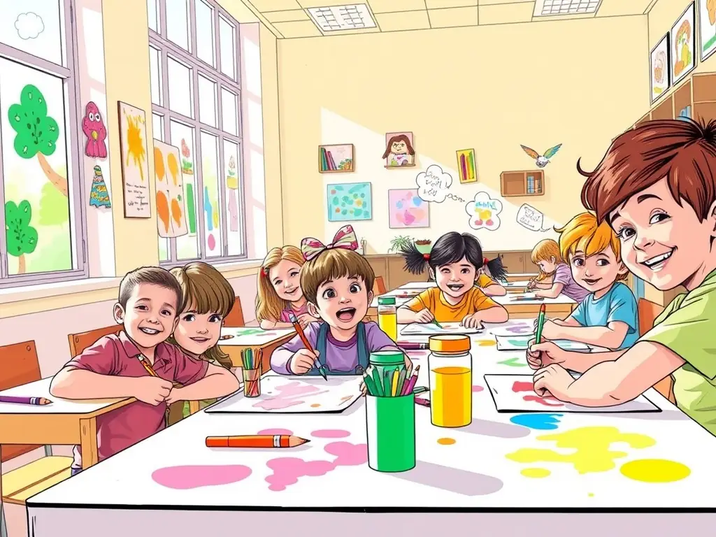 An image of a diverse group of children participating in an art therapy session, showcasing creative expression and emotional support.