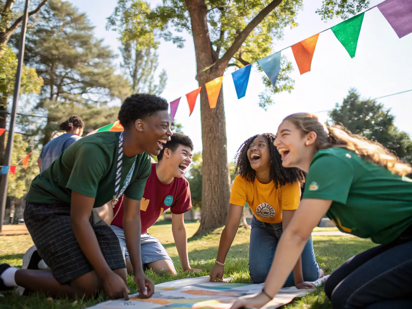 A group of diverse teenagers participating in a team-building exercise outdoors, smiling and engaged, representing youth empowerment programs.