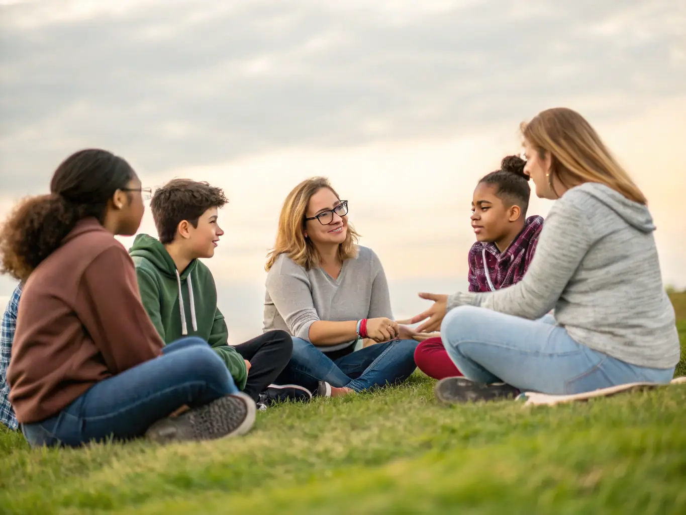 A photograph of adolescents engaged in a group mentoring program, emphasizing peer support and guidance.