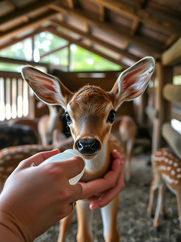 A heartwarming image of a rescued baby deer being bottle-fed by a caregiver at the AMAHARA ZOOLOGICAL REFUGE, showcasing the animal sheltering program.