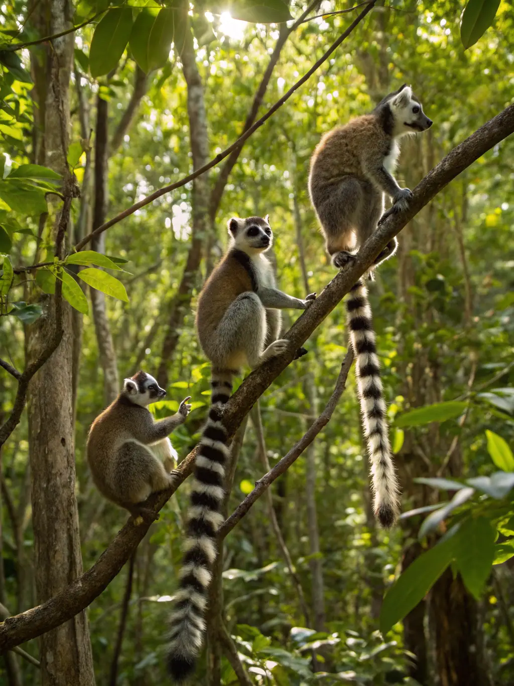 A close-up shot of a group of endangered lemurs in a specially designed enclosure at the AMAHARA ZOOLOGICAL REFUGE, highlighting the endangered species breeding program.