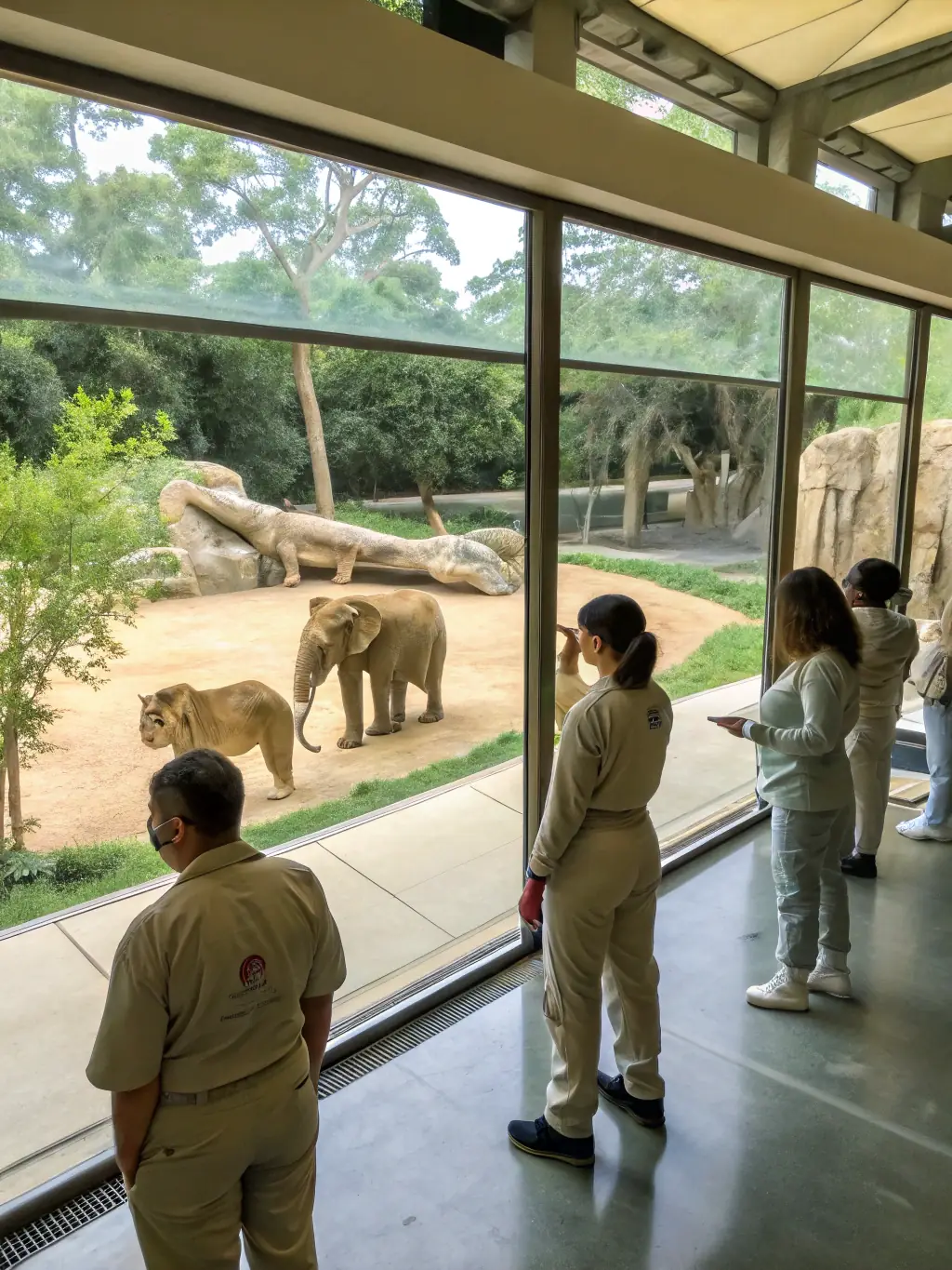 A photograph of a dedicated team of researchers observing and caring for endangered species in a specialized breeding program at the refuge.