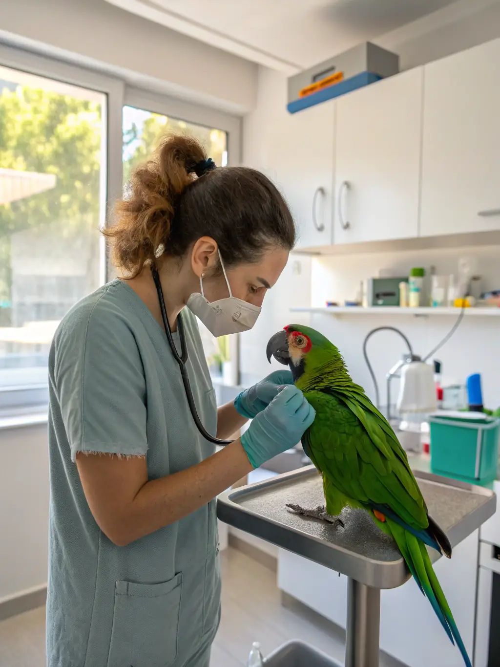 A photograph of a veterinarian carefully examining a rescued owl in the wildlife care center, showcasing the refuge's commitment to animal health and rehabilitation.