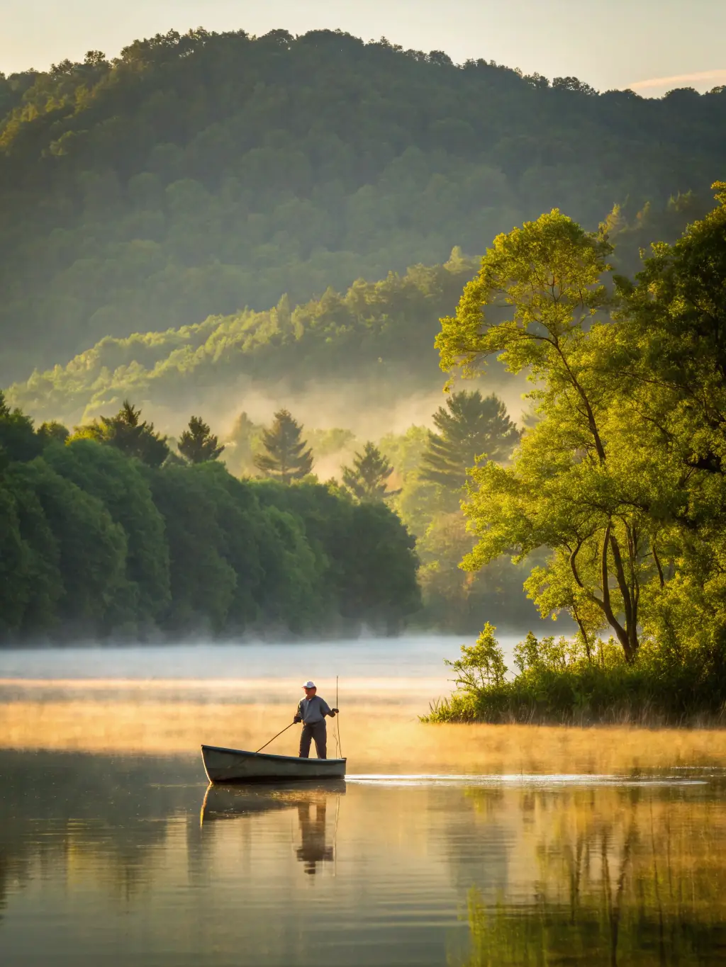 A serene image of a sunset over a calm lake, with a lone fisherman in a boat, emphasizing the tranquility of fishing.