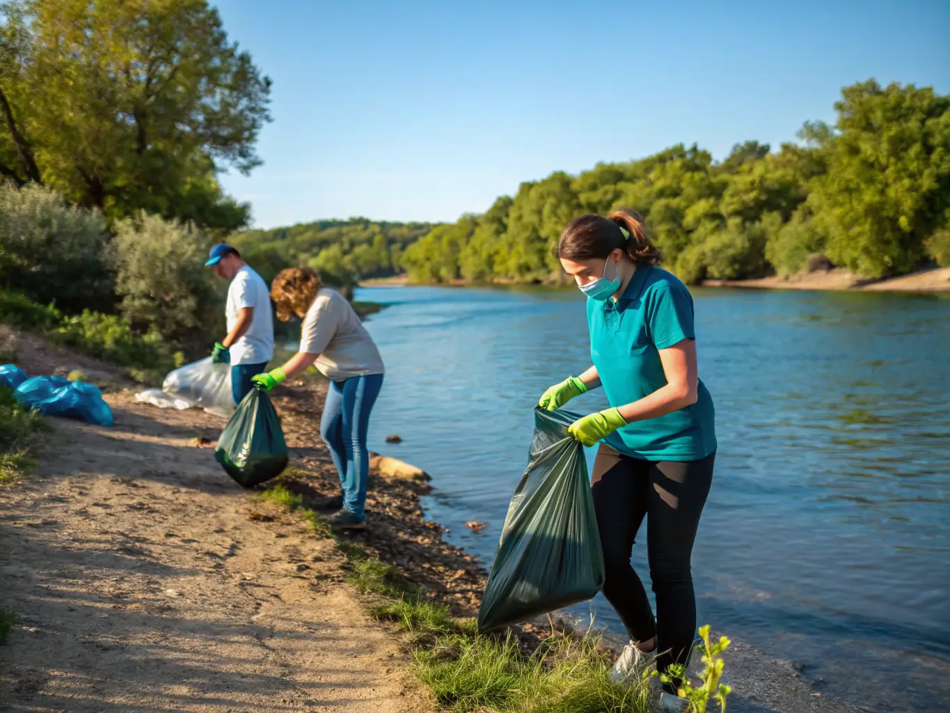 A serene photograph of volunteers cleaning up the shoreline of a lake, emphasizing the club's commitment to environmental stewardship.