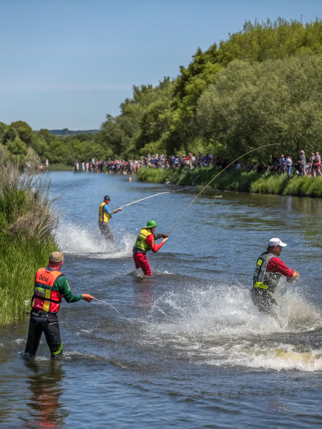 A photograph of anglers participating in a fishing competition at a lake, showcasing the excitement and competitive spirit of the event.