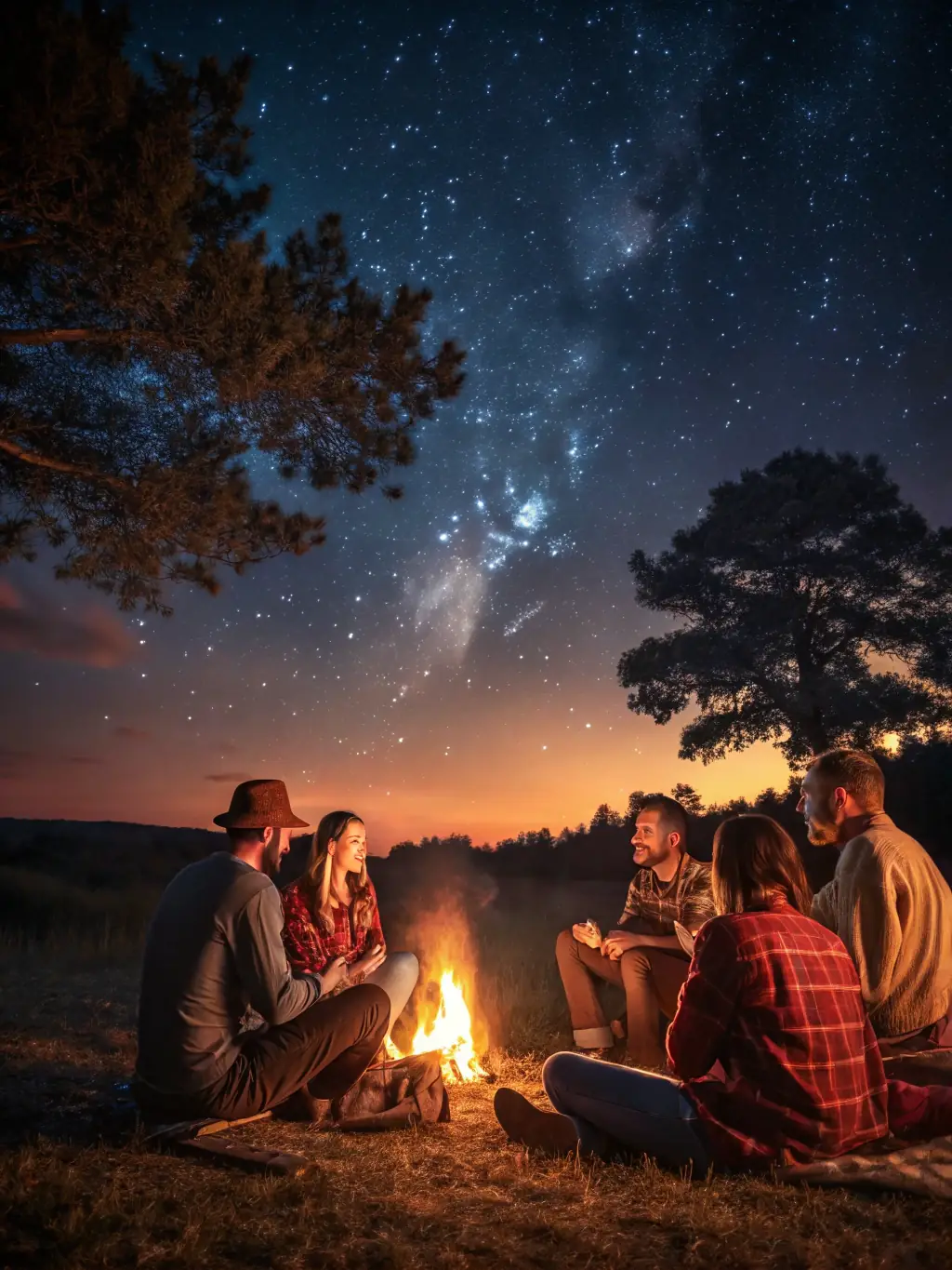 A group of people gathered around a campfire at night, sharing stories and laughter after a day of fishing, promoting the community aspect.