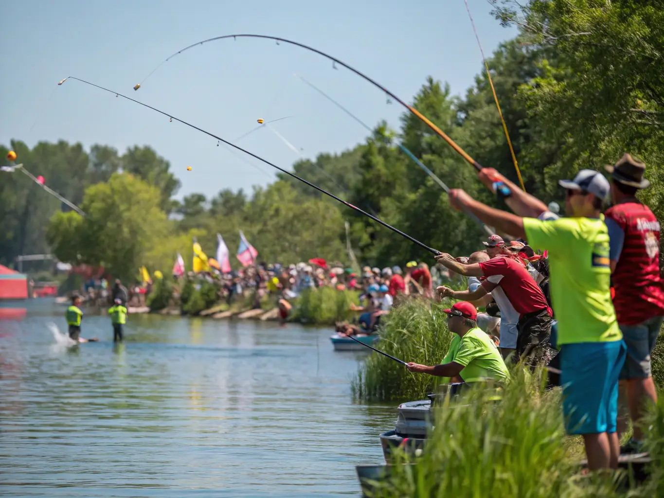 A vibrant image capturing the excitement of a community fishing event, with families and individuals enjoying a day of fishing by the lake.