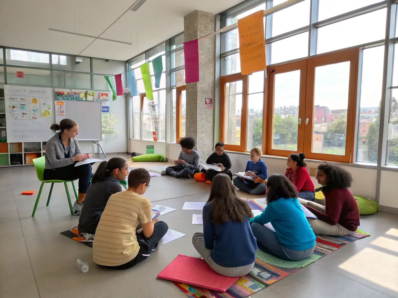 A picturesque scene of a fishing workshop in action, with participants learning about knot tying and bait preparation techniques from an experienced instructor.