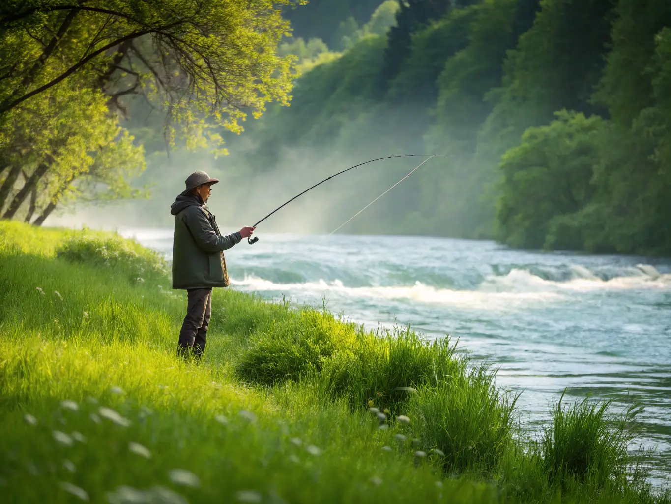 A workshop session at L'ETANG AMICUS, where experienced anglers are teaching beginners the basics of fishing techniques and equipment.