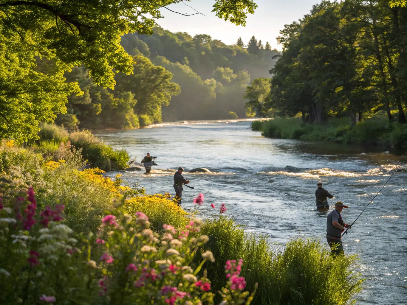 A group of anglers participating in a friendly fishing competition at L'ETANG AMICUS, showcasing the camaraderie and excitement of the event.