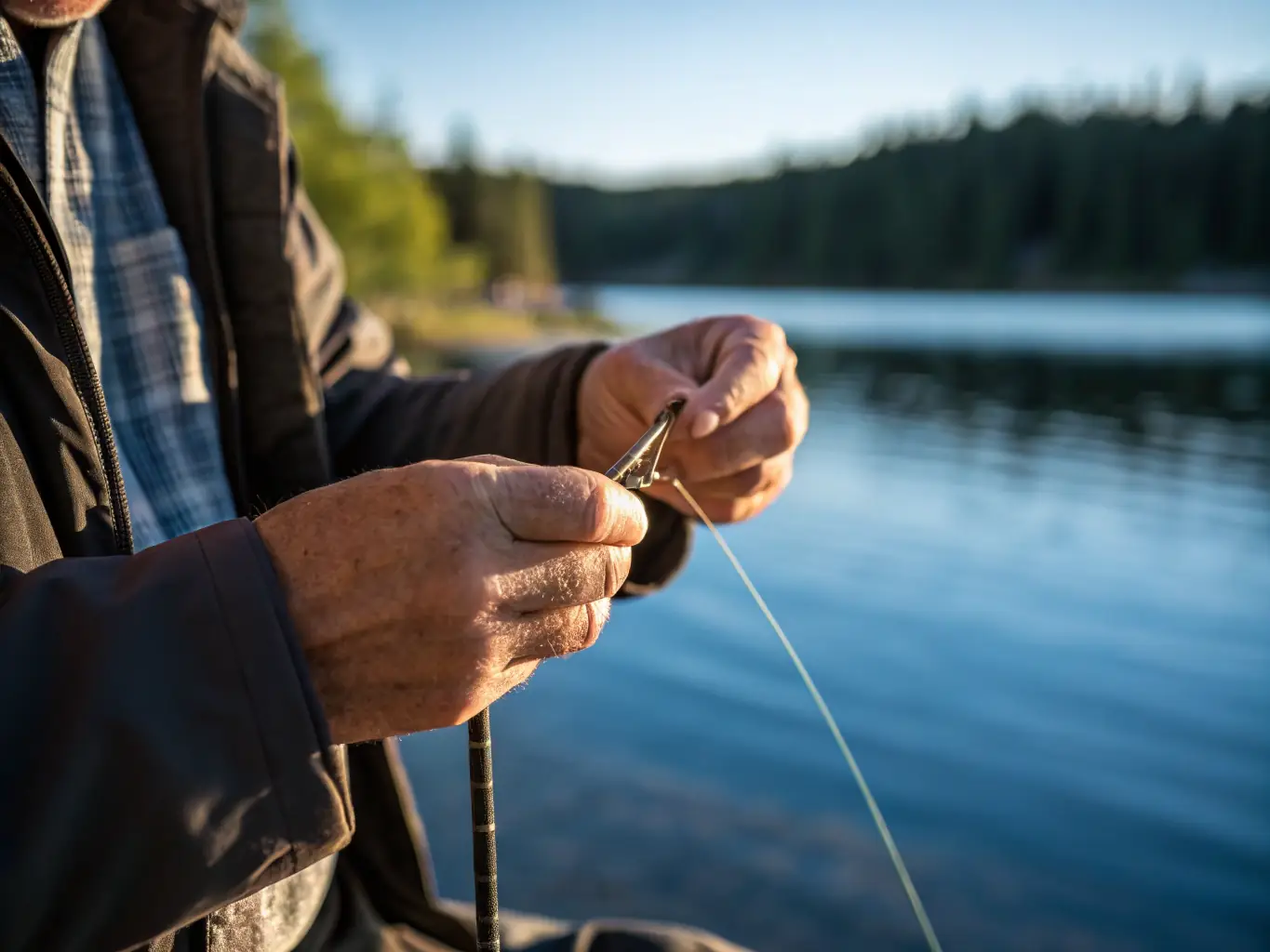 A focused image of a fishing expert demonstrating knot-tying techniques during a skill development workshop at L'ETANG AMICUS.