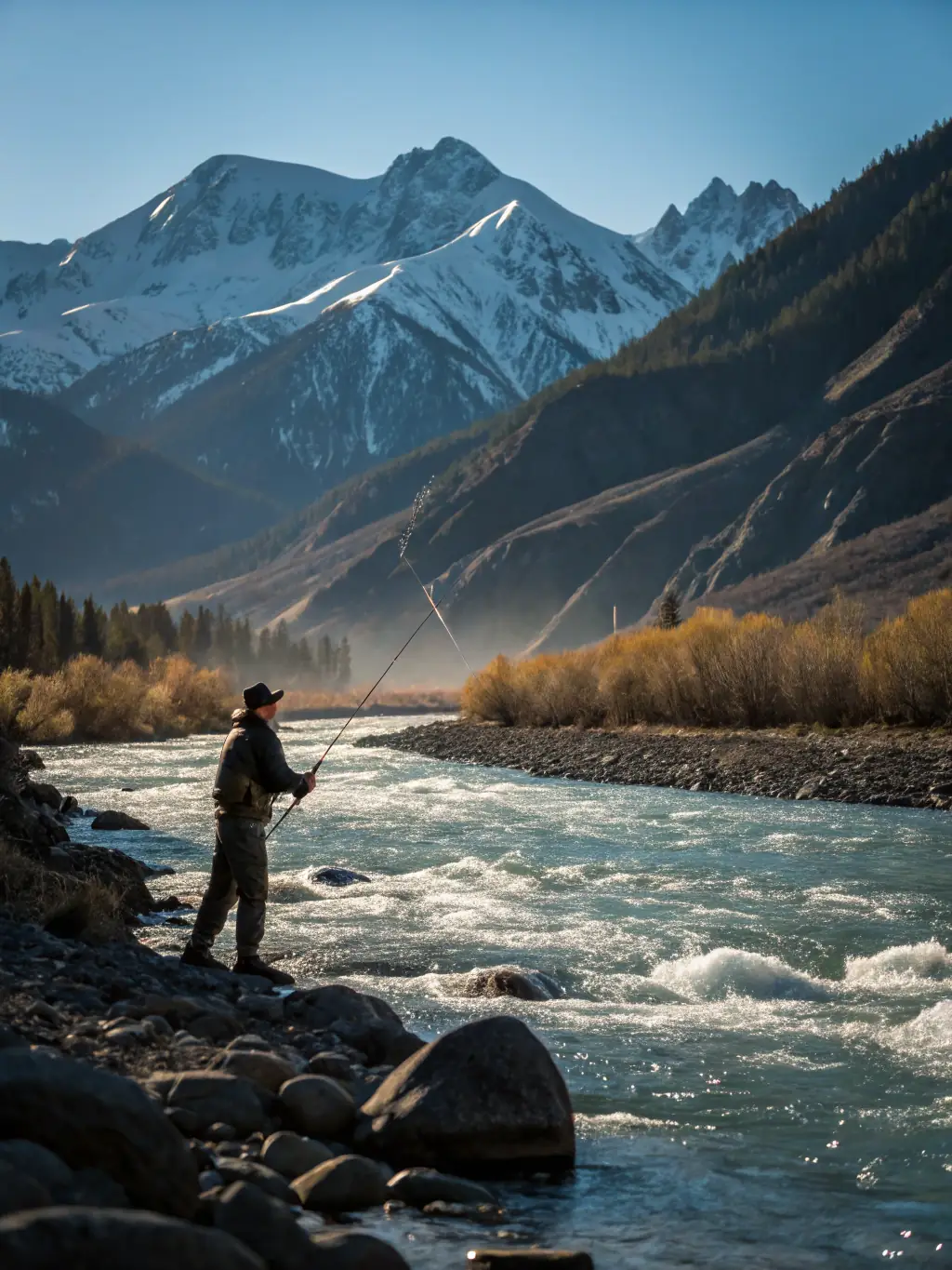 A scenic view of a riverbank, with anglers casting their lines into the water during a fly fishing event organized by L'ETANG AMICUS.