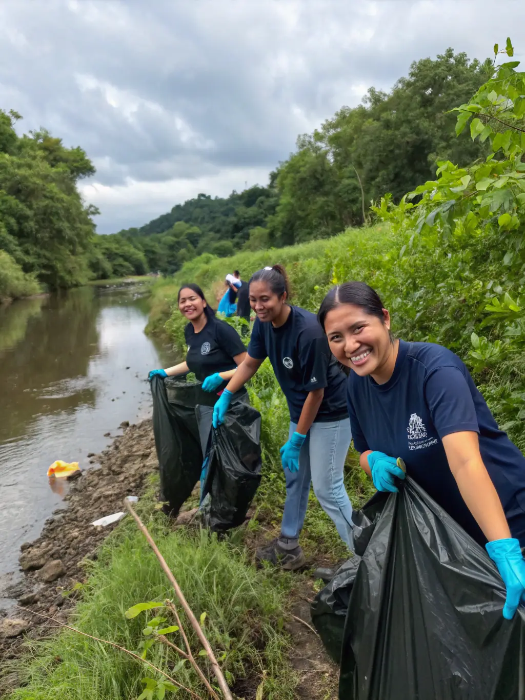 A picture of volunteers cleaning up the lakeside at L'ETANG AMICUS, highlighting the club's commitment to environmental stewardship.