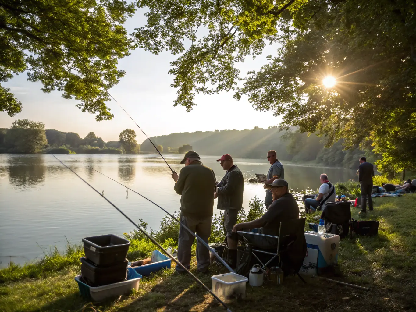 A vibrant image capturing the excitement of a fishing tournament at L'ETANG AMICUS, showcasing participants of all ages casting their lines into the water under a sunny sky.