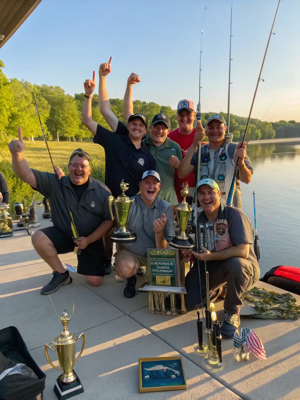 A group of smiling anglers, young and old, gathered around a table displaying their impressive catches during a recent L'ETANG AMICUS event.