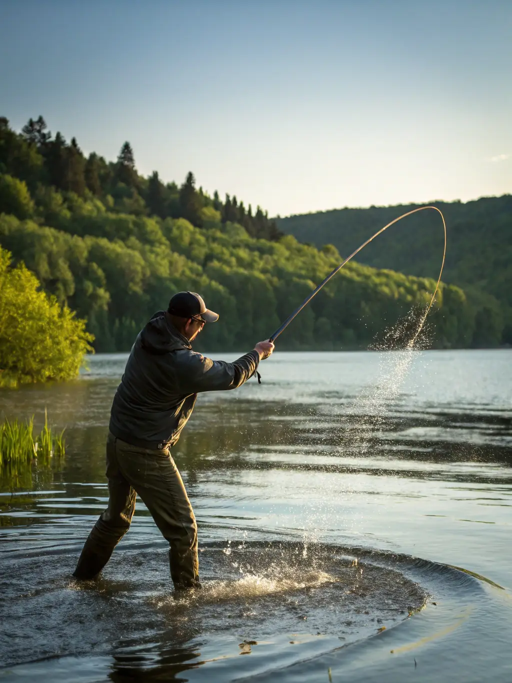 A close-up shot of an experienced angler demonstrating proper casting techniques to a group of attentive participants during a L'ETANG AMICUS workshop.